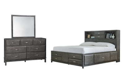 Cama de almacenamiento King, cómoda y espejo Caitbrook
