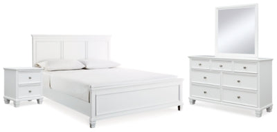 Cama King, cómoda, espejo y mesita de noche Fortman