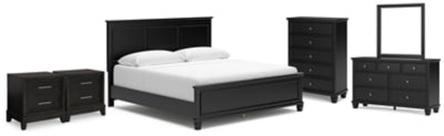 Cama de panel King Lanolee, cómoda, espejo, chiffonier y 2 mesitas de noche