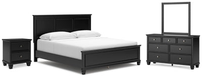 Cama de panel King, cómoda, espejo y mesita de noche Lanolee