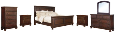 Cama Queen Panel Porter, Cómoda, Espejo, Chifonier y 2 Mesitas de Noche