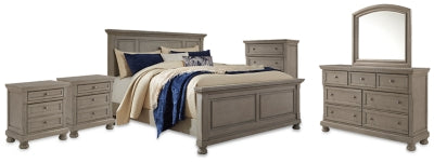 Cama King Panel Lettner, cómoda, espejo, arcón y 2 mesitas de noche