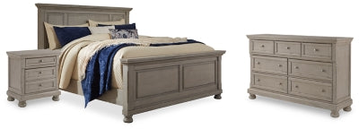 Cama Queen con paneles Lettner, cómoda y mesita de noche