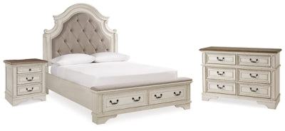 Cama tapizada Realyn Queen con almacenaje, cómoda y mesita de noche