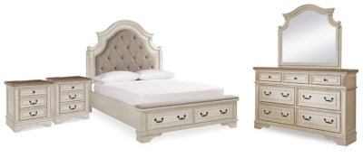 Cama Realyn Queen con panel, cómoda, espejo y 2 mesitas de noche