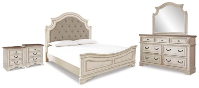 Cama king size, cómoda, espejo y 2 mesitas de noche Realyn