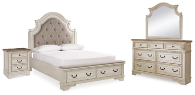Cama Realyn Queen tapizada, cómoda, espejo y mesita de noche