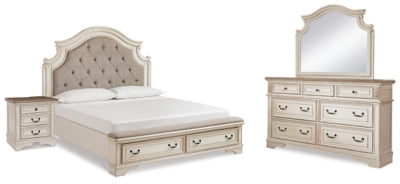 Cama tapizada con paneles King Realyn, cómoda, espejo y mesita de noche