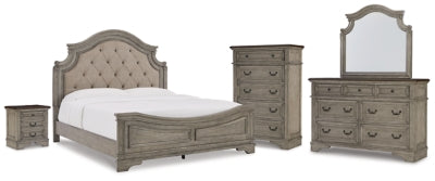 Cama con paneles tapizados King Lodenbay, tocador, espejo, cómoda y mesita de noche