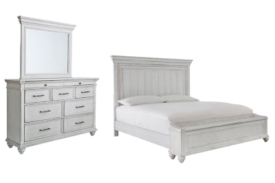 Cama panel Kanwyn King con almacenamiento, cómoda y espejo
