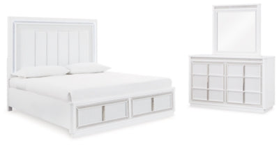 Cama tapizada tamaño queen con almacenaje, cómoda y espejo Chalanna