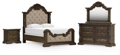 Cama tapizada con paneles Maylee Queen, cómoda, espejo y mesita de noche