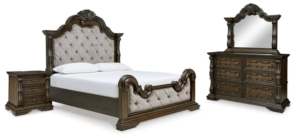 Cama Maylee California King con panel, cómoda, espejo y mesita de noche