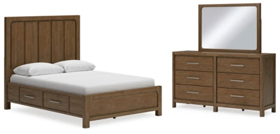 Cama de panel Queen Cabalynn con almacenamiento, cómoda y espejo