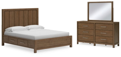 Cama panel Cabalynn California King con almacenaje, cómoda y espejo