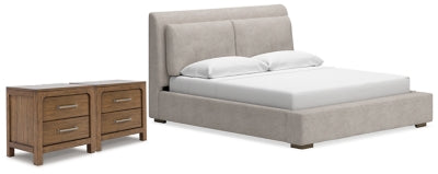 Cama tapizada Cabalynn King y 2 mesitas de noche
