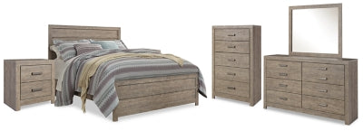 Cama Culverbach Queen con panel, cómoda, espejo, chiffonier y 2 mesitas de noche