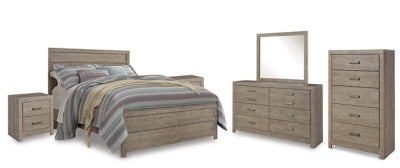 Cama Queen Culverbach con cómoda y espejo, coqueta y 2 mesitas de noche