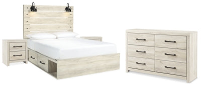 Cama Queen Cambeck con paneles y almacenamiento, cómoda y 2 mesitas de noche
