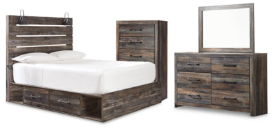 Cama Queen Drystan con panel y almacenaje, cómoda, espejo y chifonier