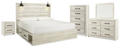 Cama de plataforma tamaño king Cambeck con almacenamiento, tocador, espejo, cómoda y mesita de noche