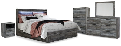 Cama Baystorm King con almacenaje, cómoda, espejo, chiffonier y mesita de noche