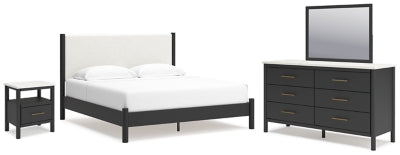 Cama de paneles Cadmori King, cómoda, espejo y mesita de noche