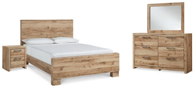 Cama con paneles Hyanna King, cómoda, espejo y mesita de noche