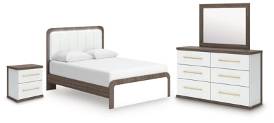 Mazilar Queen Upholstered Bed, Dresser, Mirror and Nightstand