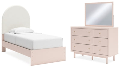 Wistenpine Twin Upholstered Panel Bed, Dresser and Mirror