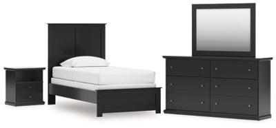 Cama de paneles gemelos, cómoda, espejo y mesita de noche Maribel