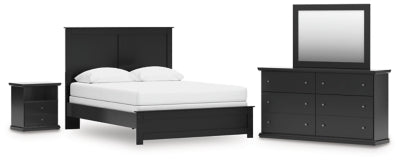 Cama Queen Panel Maribel con cómoda, espejo y mesita de noche