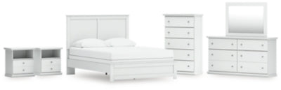 Cama Queen con paneles Bostwick Shoals con cómoda con espejo, cajonera y 2 mesitas de noche