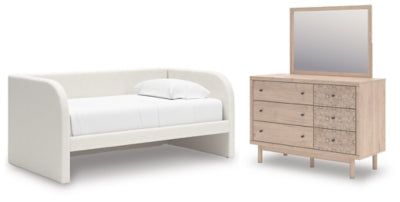 Shapella Twin Upholstered Day Bed, Dresser and Mirror