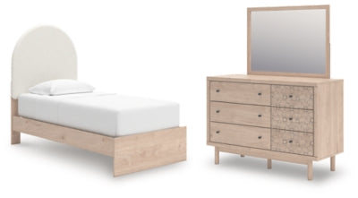 Shapella Twin Upholstered Panel Bed, Dresser and Mirror