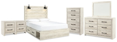 Cama Queen Cambeck con paneles y almacenamiento, cómoda, espejo, baúl y 2 mesitas de noche