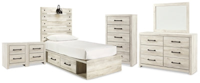 Cama de paneles dobles Cambeck con almacenamiento, cómoda, espejo, arcón y 2 mesitas de noche