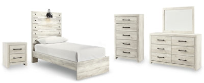 Cama doble con paneles Cambeck, cómoda, espejo, arcón y mesita de noche