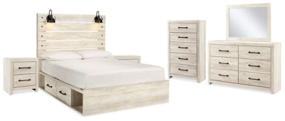Cama de almacenamiento Cambeck Queen con panel, cómoda, espejo, 2 arcones y 2 mesitas de noche