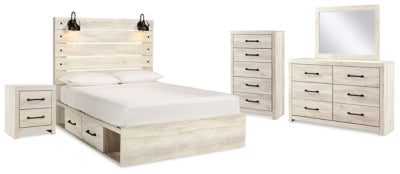 Cama Queen con panel y almacenamiento Cambeck, tocador, espejo, cómoda y mesita de noche