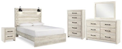 Cama de panel queen, tocador, espejo, cómoda y mesita de noche Cambeck