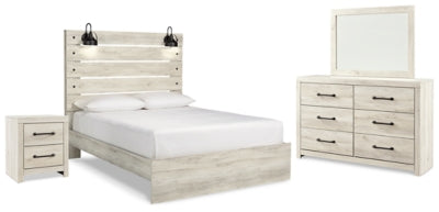 Cama Queen con paneles, cómoda, espejo y mesita de noche Cambeck