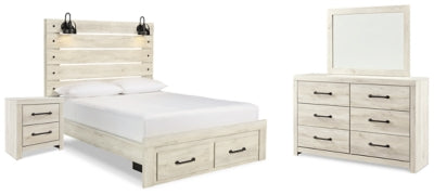 Cama Queen con panel de almacenamiento, cómoda, espejo y mesita de noche Cambeck