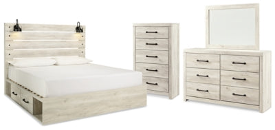 Cama king de paneles Cambeck con almacenaje, cómoda, espejo y sinfonier