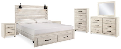 Cama tamaño King con paneles y almacenaje, cómoda, espejo, chiffonier y 2 mesitas de noche Cambeck