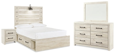 Cama con almacenaje de panel completo, cómoda, espejo y mesita de noche Cambeck