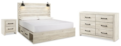 Cama tamaño King con paneles de almacenamiento Cambeck. Cómoda y mesita de noche