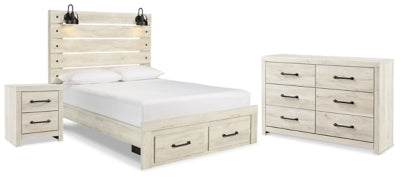 Cama Queen con panel de almacenamiento, cómoda y mesita de noche Cambeck