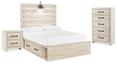 Cama con panel completo, baúl y mesita de noche Cambeck