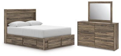 Cama Queen con panel de almacenamiento, cómoda y espejo Baystorm